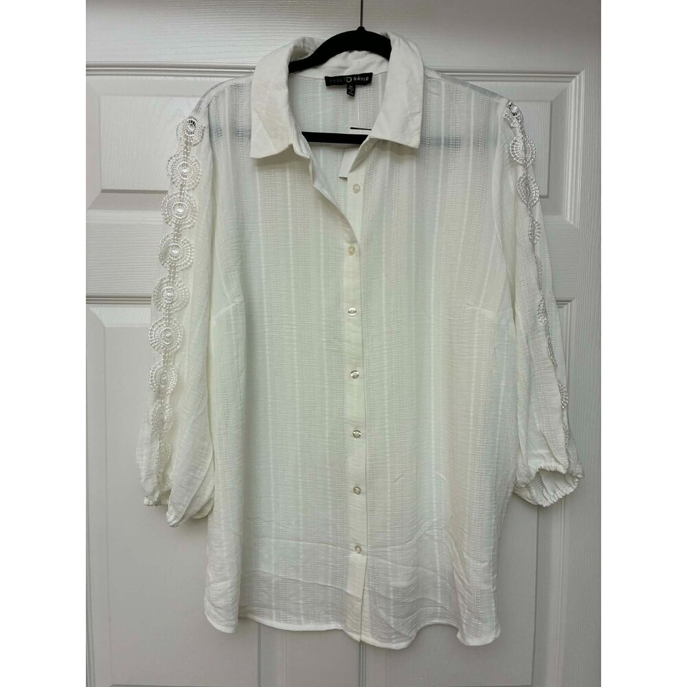 Fred David White Button Front Blouse Lace Sleeve Detail Sheer Long Sleeve 2X NWT
